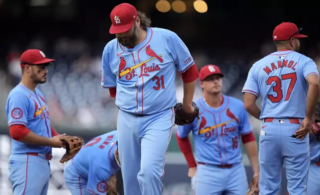 St. Louis Cardinals pitcher Lance Lynn (31) walks off the mound after being pulled during the third inning of a baseball game against the Washington Nationals at Nationals Park, Saturday, July 6, 2024, in Washington. (AP Photo/Mark Schiefelbein)