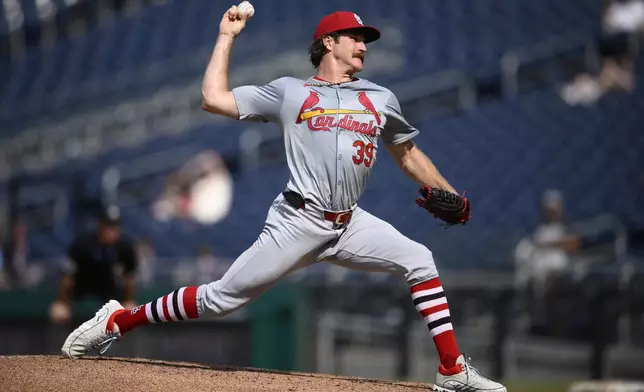 St. Louis Cardinals starting pitcher Miles Mikolas throws during the third inning of a baseball game against the Washington Nationals, Monday, July 8, 2024, in Washington. (AP Photo/Nick Wass)