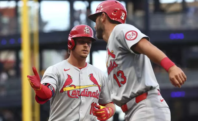St. Louis Cardinals Nolan Gorman (16) reacts after hitting a grand slam home run against the Pittsburgh Pirates during a baseball game in Pittsburgh, Tuesday, July 2, 2024. (AP Photo/Jared Wickerham)