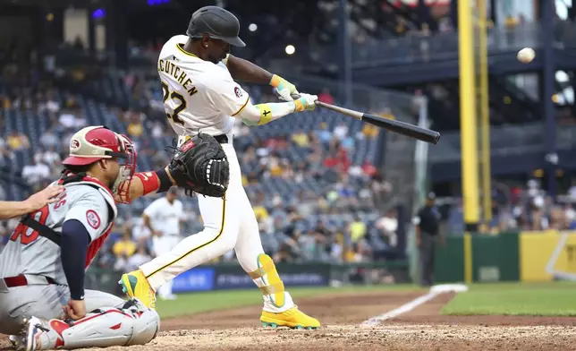 Pittsburgh Pirates Andrew McCutchen (22) hits a solo home run against the St. Louis Cardinals during a baseball game in Pittsburgh, Tuesday, July 2, 2024. (AP Photo/Jared Wickerham)