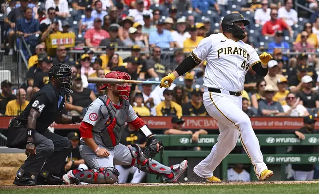 Pittsburgh Pirates' Rowdy Tellez hits an RBI single during the second inning of a baseball game against the St. Louis Cardinals in Pittsburgh, Wednesday, July 24, 2024. (AP Photo/Justin Berl)