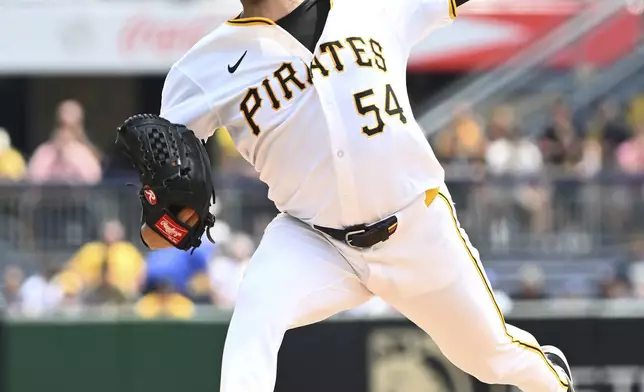 Pittsburgh Pirates starting pitcher Martín Pérez delivers during the first inning of a baseball game against the St. Louis Cardinals in Pittsburgh, Wednesday, July 24, 2024. (AP Photo/Justin Berl)