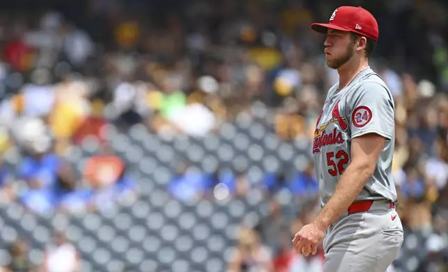 St. Louis Cardinals starting pitcher Matthew Liberatore steps off the mound after allowing a bases loaded walk during the second inning of a baseball game against the Pittsburgh Pirates in Pittsburgh, Wednesday, July 24, 2024. (AP Photo/Justin Berl)