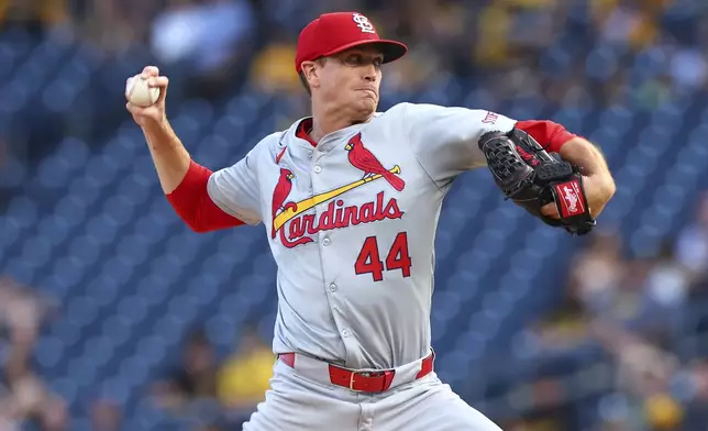 St. Louis Cardinals Kyle Gibson (44) pitches against the Pittsburgh Pirates during a baseball game in Pittsburgh, Tuesday, July 2, 2024. (AP Photo/Jared Wickerham)