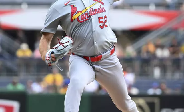 St. Louis Cardinals starting pitcher Matthew Liberatore delivers during the first inning of a baseball game against the Pittsburgh Pirates in Pittsburgh, Wednesday, July 24, 2024. (AP Photo/Justin Berl)