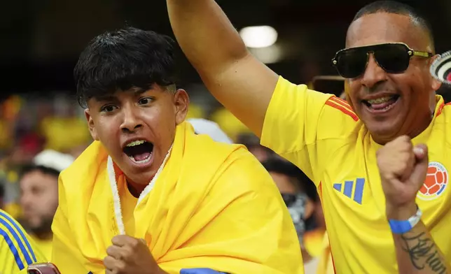 Fans of Colombia celebrate defeating Panama 5-0 in a Copa America quarterfinal soccer match in Glendale, Ariz., Saturday, July 6, 2024. (AP Photo/Ross Franklin)