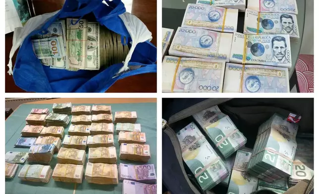 This combination of 2012-2017 photos obtained from the U.S. Drug Enforcement Administration shows U.S. dollars, Colombian pesos, euros and Canadian dollars involved in the DEA's shadowy international money laundering investigations. An Associated Press investigation raises questions about the efficacy of this little-known law enforcement tool, which has been criticized for facilitating the flow of millions of dollars in cartel funds. (DEA via AP)