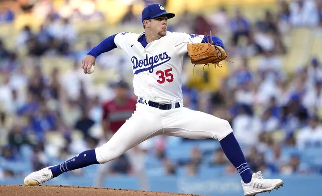 Los Angeles Dodgers starting pitcher Gavin Stone throws to the plate during the first inning of a baseball game against the Arizona Diamondbacks Wednesday, July 3, 2024, in Los Angeles. (AP Photo/Mark J. Terrill)