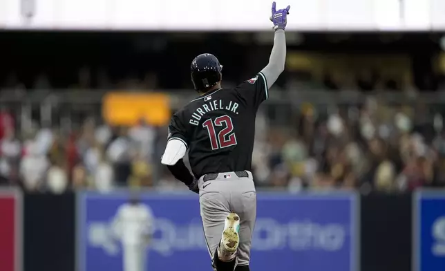 Arizona Diamondbacks' Lourdes Gurriel Jr. celebrates after hitting a home run during the fourth inning of a baseball game against the San Diego Padres, Saturday, July 6, 2024, in San Diego. (AP Photo/Gregory Bull)