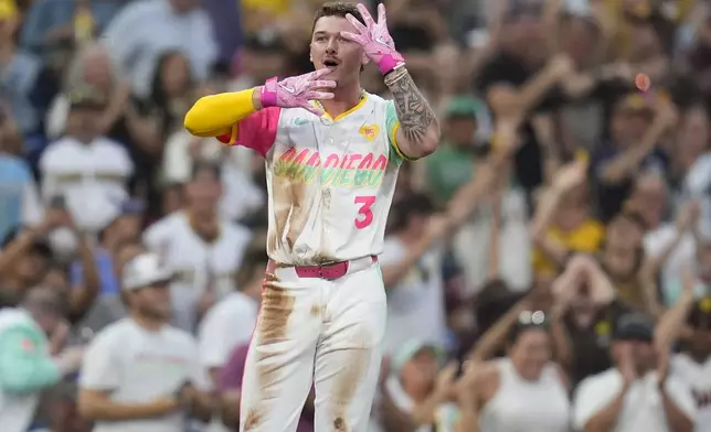 San Diego Padres' Jackson Merrill celebrates after hitting a two-RBI triple during the fourth inning of a baseball game against the Arizona Diamondbacks, Friday, July 5, 2024, in San Diego. (AP Photo/Gregory Bull)