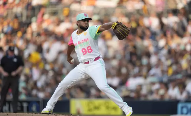 San Diego Padres starting pitcher Randy Vasquez works against an Arizona Diamondbacks batter during the second inning of a baseball game Friday, July 5, 2024, in San Diego. (AP Photo/Gregory Bull)