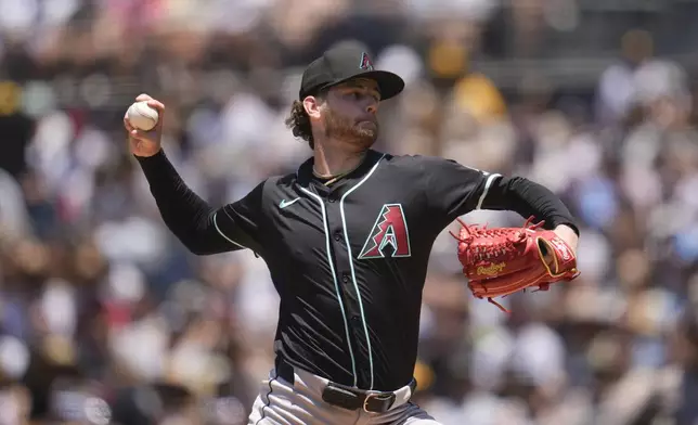 Arizona Diamondbacks starting pitcher Ryne Nelson works against a San Diego Padres batter during the first inning of a baseball game Sunday, July 7, 2024, in San Diego. (AP Photo/Gregory Bull)