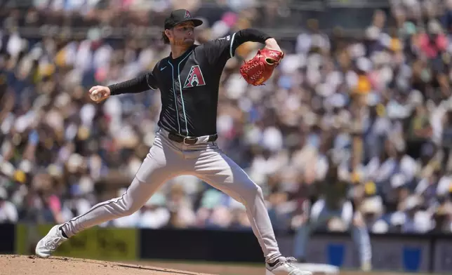 Arizona Diamondbacks starting pitcher Ryne Nelson works against a San Diego Padres batter during the first inning of a baseball game Sunday, July 7, 2024, in San Diego. (AP Photo/Gregory Bull)