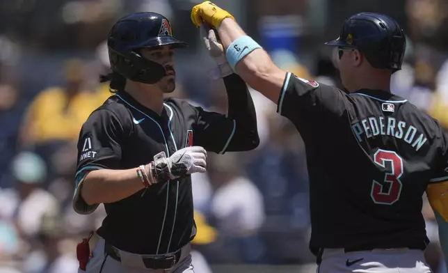 Arizona Diamondbacks' Corbin Carroll, left, celebrates with teammate Joc Pederson after hitting a home run during the first inning of a baseball game against the San Diego Padres, Sunday, July 7, 2024, in San Diego. (AP Photo/Gregory Bull)