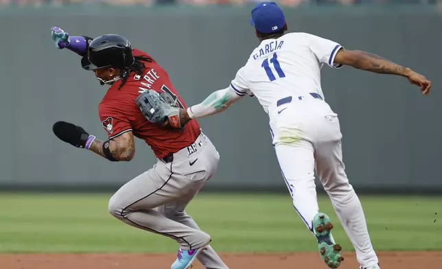 Arizona Diamondbacks' Ketel Marte (4) is tagged out by Kansas City Royals third baseman Maikel Garcia (11) after getting caught in a rundown between first and second base during the first inning of a baseball game in Kansas City, Mo., Wednesday, July 24, 2024. (AP Photo/Colin E. Braley)