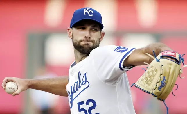 Kansas City Royals pitcher Michael Wacha throws during the first inning of a baseball game against the Arizona Diamondbacks in Kansas City, Mo., Wednesday, July 24, 2024. (AP Photo/Colin E. Braley)