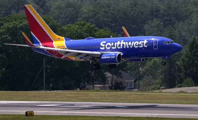 FILE - Southwest Airlines Boeing 737 lands at Manchester Boston Regional Airport, June 2, 2023, in Manchester, N.H. (AP Photo/Charles Krupa, File)