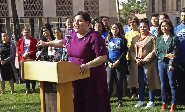 FILE - Democratic state Rep. Raquel Teran speaks at a news conference on Feb. 21, 2020, in Phoenix. (AP Photo/Bob Christie, File)