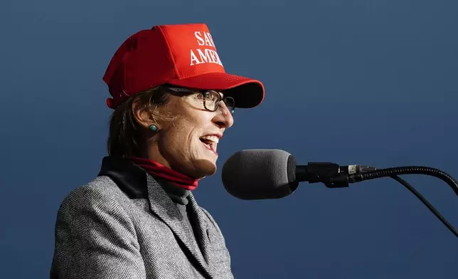 FILE - Arizona state Sen. Wendy Rogers, R-Flagstaff, speaks at a Save America Rally prior to former president Donald Trump speaking on Jan. 15, 2022, in Florence, Ariz. (AP Photo/Ross D. Franklin, File)