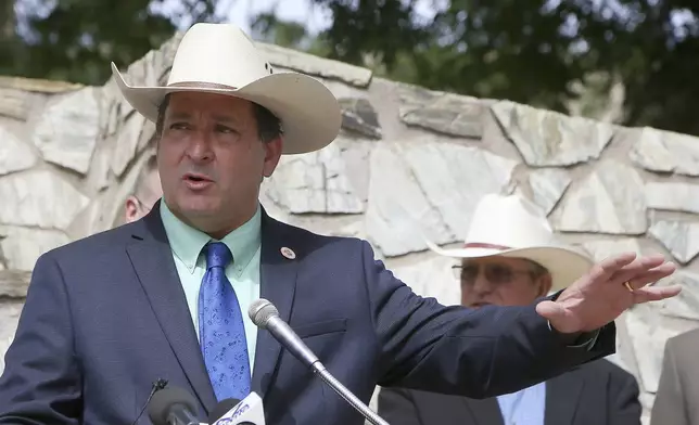 FILE - Arizona state Rep. David Cook, R-Globe, speaks at a news conference at the Arizona Capitol on May 16, 2019, in Phoenix. (AP Photo/Ross D. Franklin, File)