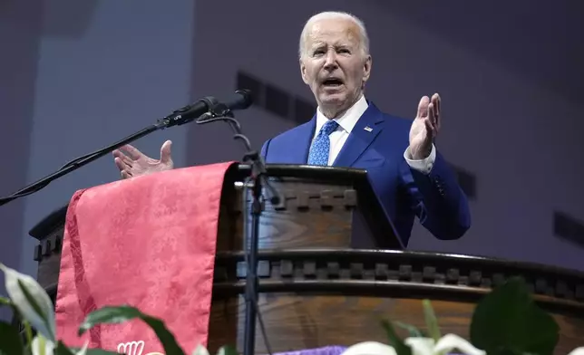 President Joe Biden speaks at a church service at Mt. Airy Church of God in Christ, Sunday, July 7, 2024, in Philadelphia (AP Photo/Manuel Balce Ceneta)