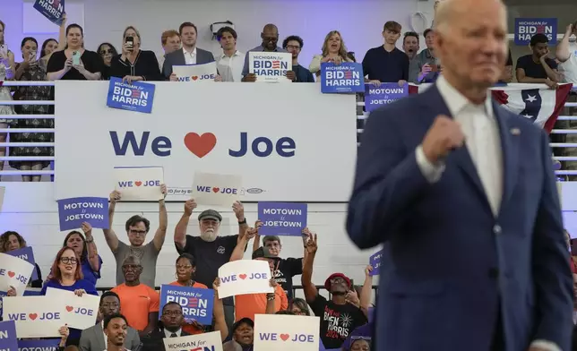 President Joe Biden on stage as he waits to be introduced at Renaissance High School, Friday, July 12, 2024, during a campaign event in Detroit. (AP Photo/Jacquelyn Martin)