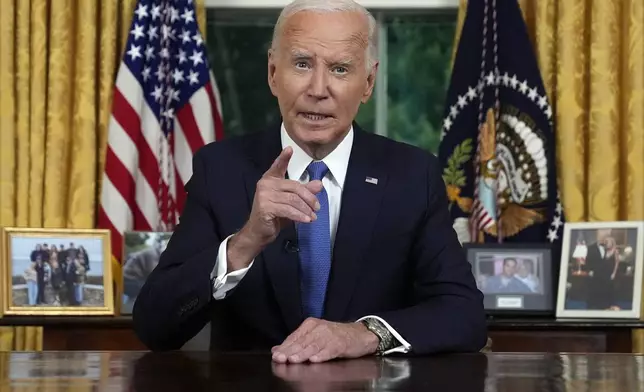 President Joe Biden addresses the nation from the Oval Office of the White House in Washington, Wednesday, July 24, 2024, about his decision to drop his Democratic presidential reelection bid. (AP Photo/Evan Vucci, Pool)