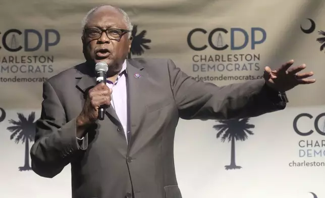 FILE - Rep. Jim Clyburn, D-S.C., speaks, Nov. 18, 2023, in Charleston, S.C. Senior Democratic figures rallied with a show of unwavering public support for President Joe Biden on Sunday, June 30, 2024, amid private angst within the party about his Thursday debate performance. "I do not believe that Joe Biden has a problem leading for the next four years," Clyburn, a close ally of Biden, said on CNN's "State of the Union." "Joe Biden should continue to run on his record." (AP Photo/Meg Kinnard, File)