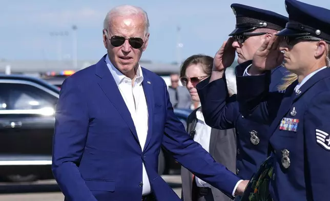 President Joe Biden arrives at Harrisburg International Airport after attending a campaign rally, in Harrisburg, Pa., on Sunday, July 7, 2024. (AP Photo/Manuel Balce Ceneta)