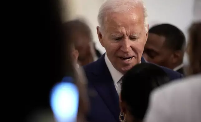 President Joe Biden greets churchgoers after a service at Mt. Airy Church of God in Christ, Sunday, July 7, 2024, in Philadelphia (AP Photo/Manuel Balce Ceneta)