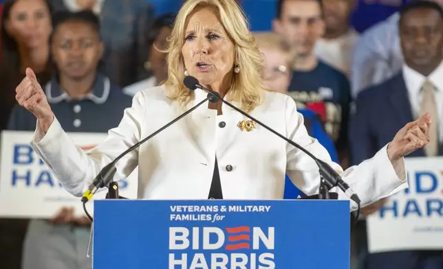 First lady Jill Biden speaks during an event at The American Legion Post 111 as she campaigns for her husband, President Joe Biden, on Monday, July 8, 2024, in Seminole Heights, Fla. (Dylan Townsend/Tampa Bay Times via AP)