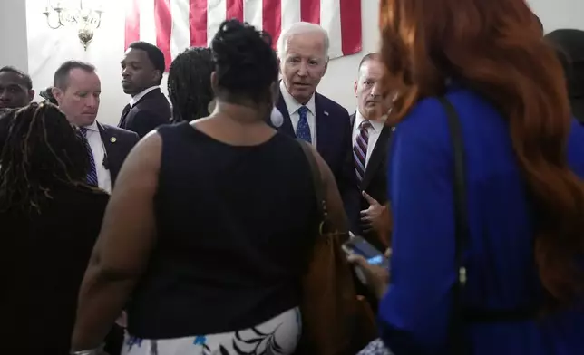 President Joe Biden greets churchgoers after a service at Mt. Airy Church of God in Christ, Sunday, July 7, 2024, in Philadelphia (AP Photo/Manuel Balce Ceneta)