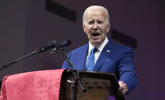 President Joe Biden speaks at a church service at Mt. Airy Church of God in Christ, Sunday, July 7, 2024, in Philadelphia (AP Photo/Manuel Balce Ceneta)