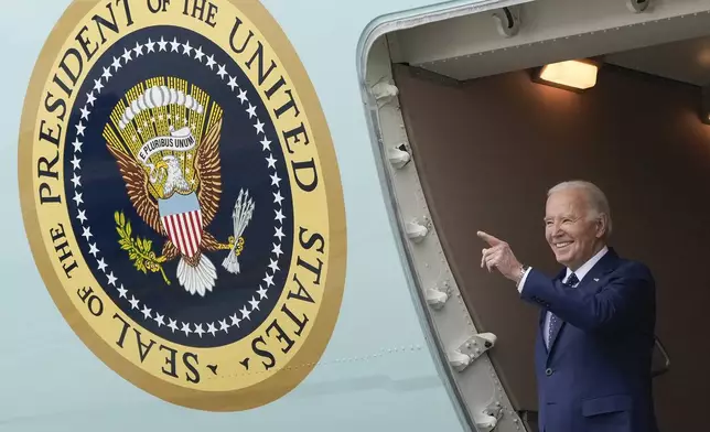 FILE - President Joe Biden arrives at Los Angeles International Airport, Feb. 20, 2024, in Los Angeles. President Joe Biden dropped out of the 2024 race for the White House on Sunday, July 21, ending his bid for reelection following a disastrous debate with Donald Trump that raised doubts about his fitness for office just four months before the election. (AP Photo/Manuel Balce Ceneta, File)