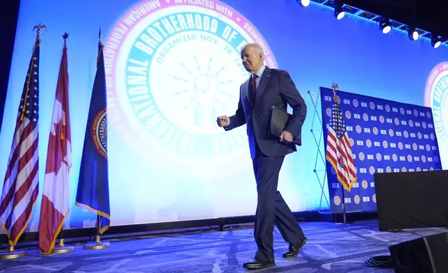 FILE - President Joe Biden walks off stage after speaking at the IBEW Construction and Maintenance Conference, April 19, 2024, in Washington. (AP Photo/Alex Brandon, File)