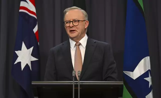 FILE - Australian Prime Minister Anthony Albanese addresses the media at Parliament House in Canberra, Monday, June 17, 2024. As the Asia-Pacific region began to awaken to the news of Biden's withdrawal on Sunday, July 21, from the U.S. presidential race, another staunch U.S. ally, Australian Prime Minister Albanese, thanked Biden for his leadership and “ongoing service,” and noted the countries’ shared commitment to democratic values. (Lukas Coch/Pool Photo via AP, File)