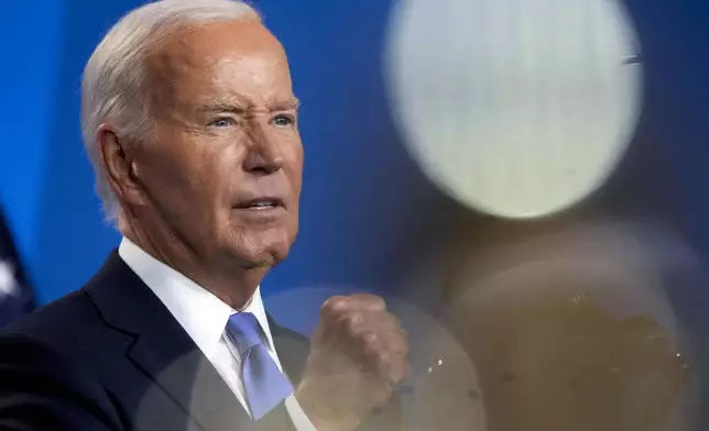 FILE - President Joe Biden speaks at a news conference on the final day of the NATO summit in Washington, July 11, 2024. Biden now is weighing whether to bow to the mounting pressure to exit the presidential race. His decision will be based not just on this fraught moment but on his long history in public life and the extraordinary personal, (AP Photo/Jacquelyn Martin, File)