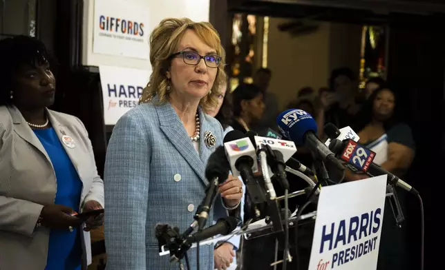 Former U.S. Rep. Gabby Giffords speaks during a campaign event for Vice President Kamala Harris, Thursday, July 25, 2024 in Philadelphia. (AP Photo/Joe Lamberti)