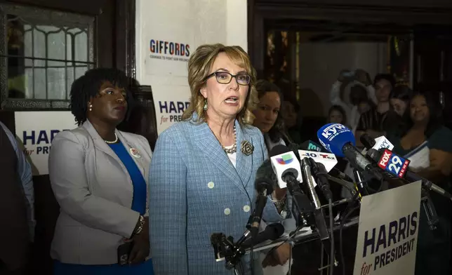 Former U.S. Rep. Gabby Giffords speaks during a campaign event for Vice President Kamala Harris, Thursday, July 25, 2024 in Philadelphia. (AP Photo/Joe Lamberti)