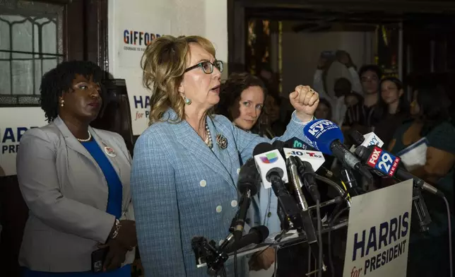 Former U.S. Rep. Gabby Giffords speaks during a campaign event for Vice President Kamala Harris, Thursday, July 25, 2024 in Philadelphia. (AP Photo/Joe Lamberti)