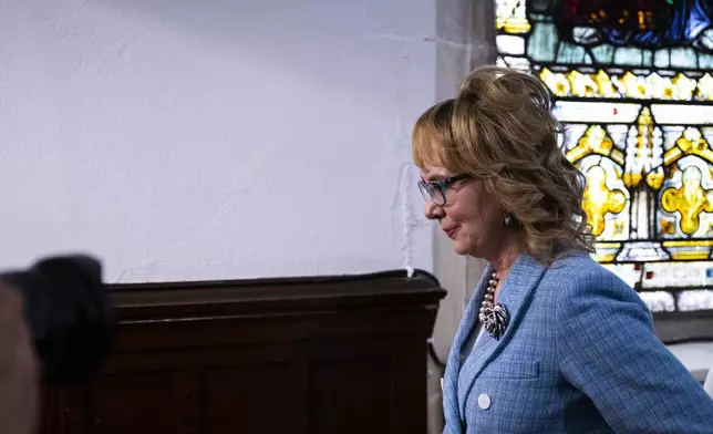 Former U.S. Rep. Gabby Giffords exits following a campaign event for Vice President Kamala Harris, Thursday, July 25, 2024 in Philadelphia. (AP Photo/Joe Lamberti)