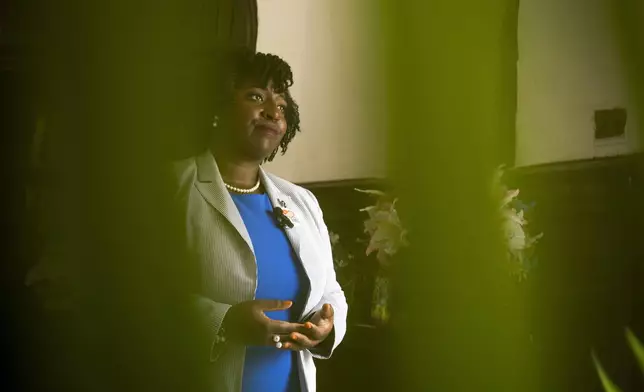 Pennsylvania House Speaker Joanna McClinton is interviewed during a campaign event for Vice President Kamala Harris, Thursday, July 25, 2024 in Philadelphia. (AP Photo/Joe Lamberti)