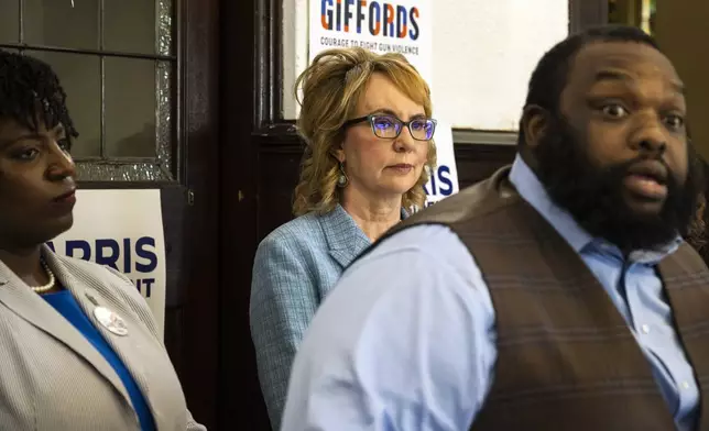 Former U.S. Rep. Gabby Giffords looks on during a campaign event for Vice President Kamala Harris, Thursday, July 25, 2024 in Philadelphia. (AP Photo/Joe Lamberti)