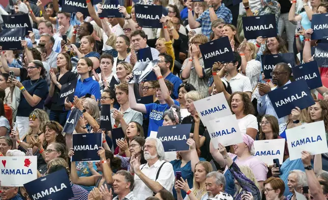 Supports hold up signs in support of Vice President Kamala Harris as she campaigns for President as the presumptive Democratic candidate during an event at West Allis Central High School on Tuesday, July 23, 2024, in West Allis, Wis. (AP Photo/Kayla Wolf)