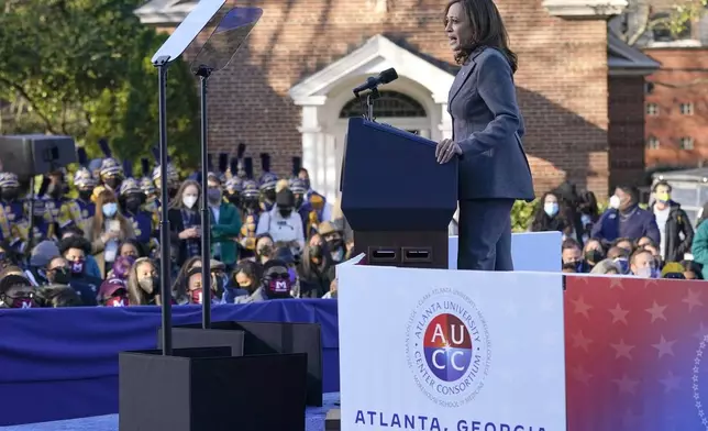 FILE - Vice President Kamala Harris speaks, Jan. 11, 2022, in Atlanta. With President Joe Biden having bowed out of the presidential race and endorsing Harris, their party is suddenly eyeing an expanding map, betting that a new burst of energy and fundraising surge has helped make Georgia, the state that delivered Biden his narrowest victory margin in 2020, a toss-up again. Harris is planning a show of political force on Tuesday, July 30, 2024, in Atlanta, the latest example of just how much the presidential contest against Republican former President Donald Trump has changed. (AP Photo/Patrick Semansky, File)