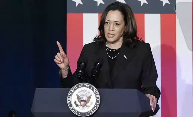 FILE - Vice President Kamala Harris speaks at a campaign event, July 17, 2024, in Kalamazoo, Mich. Harris' views on important issues have shifted since she first ran for president four years ago. Back then, she took a variety of liberal positions on issues involving crime, energy and immigration. However, she generally charted a more moderate path after becoming vice president under President Joe Biden. (AP Photo/Carlos Osorio, File)