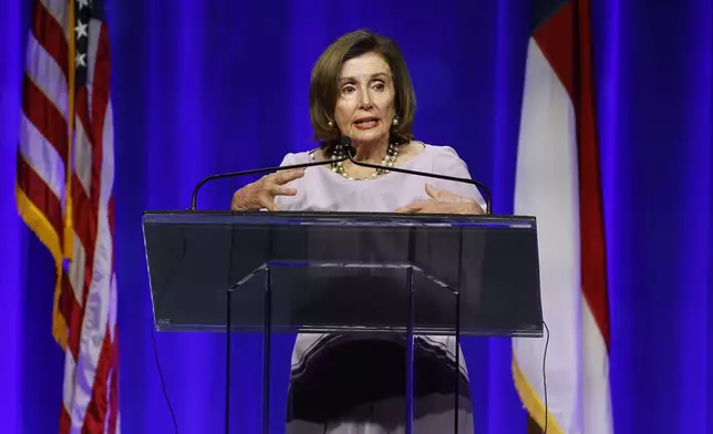 Democratic Speaker Emerita Nancy Pelosi speaks at the North Carolina Democratic Unity Dinner fundraiser in Raleigh, N.C., Saturday, July 20, 2024. (AP Photo/Karl B DeBlaker)