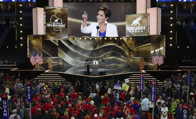 Kari Lake speaking during the second day of the Republican National Convention, Tuesday, July 16, 2024, in Milwaukee. (AP Photo/J. Scott Applewhite)