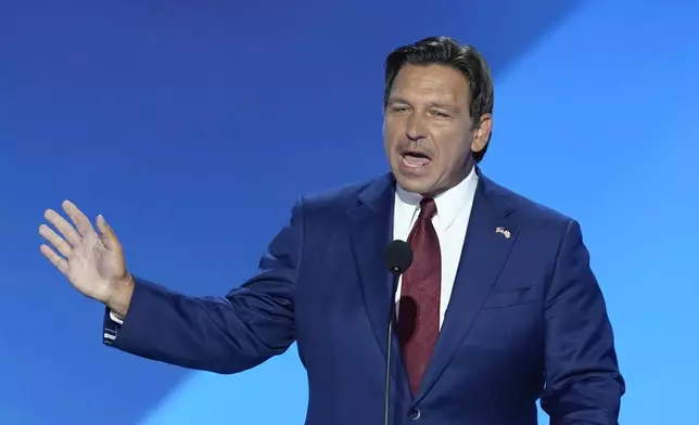 Gov. Ron DeSantis, R-Fla., speaking on the second day of the Republican National Convention on Tuesday, July 16, 2024, in Milwaukee. (AP Photo/J. Scott Applewhite)