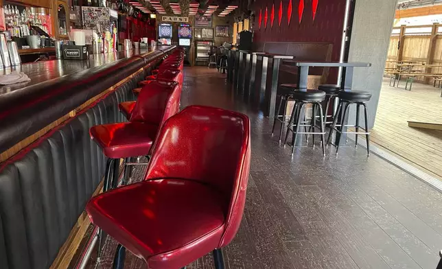 Stools line the bar at Elwood's Liquor and Tap on Thursday, July 18, 2024 in Milwaukee, Wis. This week's Republican National Convention didn't deliver an overwhelming victory to some small businesses in downtown Milwaukee. There had been earlier promises of an economic boost, but some bars, convenience stores and restaurants along the edge of the secure zone sat largely empty all week. (AP Photo/Patrick Orsagos)